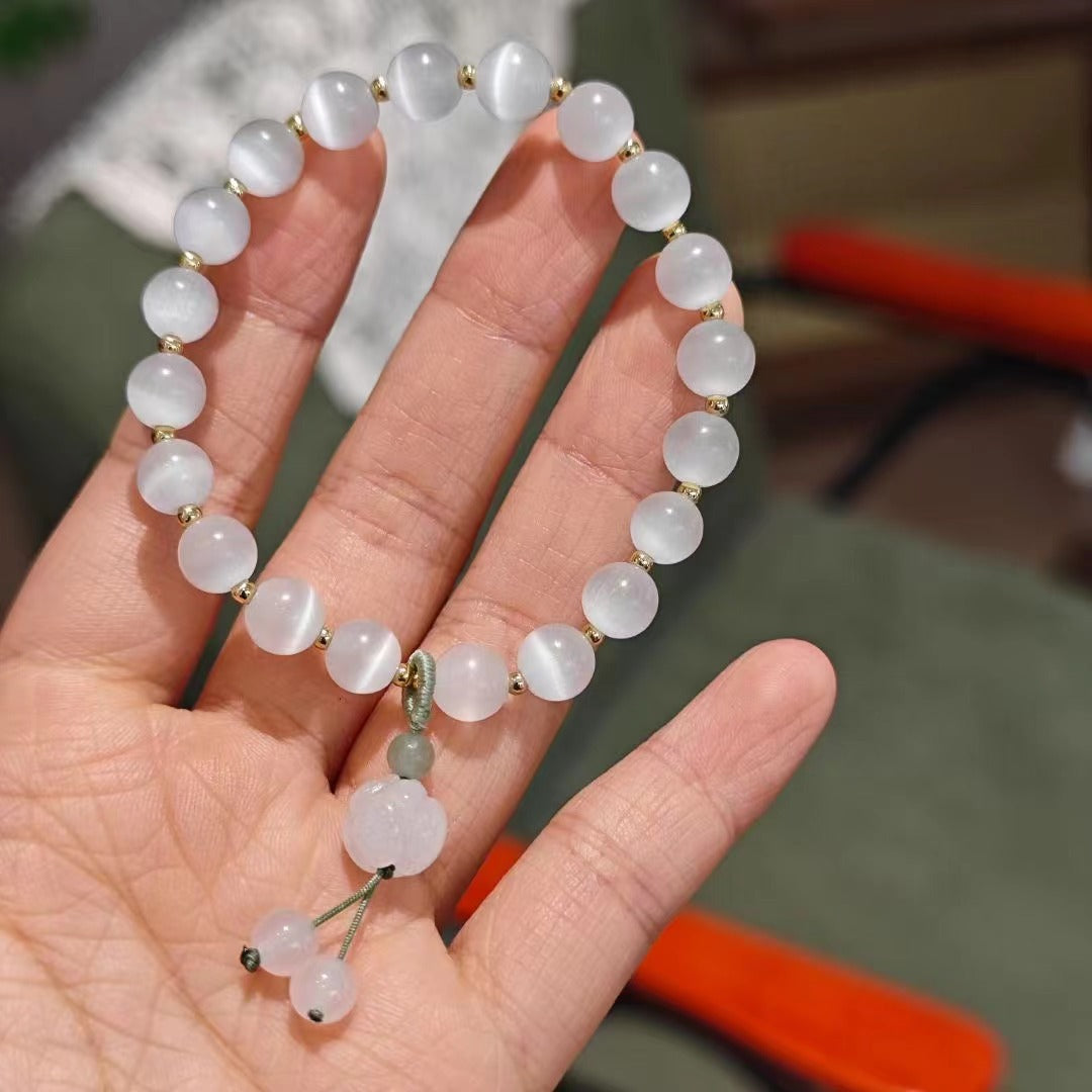 Trendy Chinese Style Cat's Eye Beaded Bracelet for Women ins Niche Design Peace Buckle Lotus Pendant Bead Bracelet Jewelry