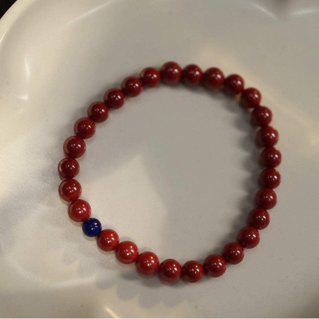 Custom Natural High Content Imperial Sand Bracelet with Amber and Pearl, Chinese Style Red Birth Year Cinnabar Beaded Bracelet