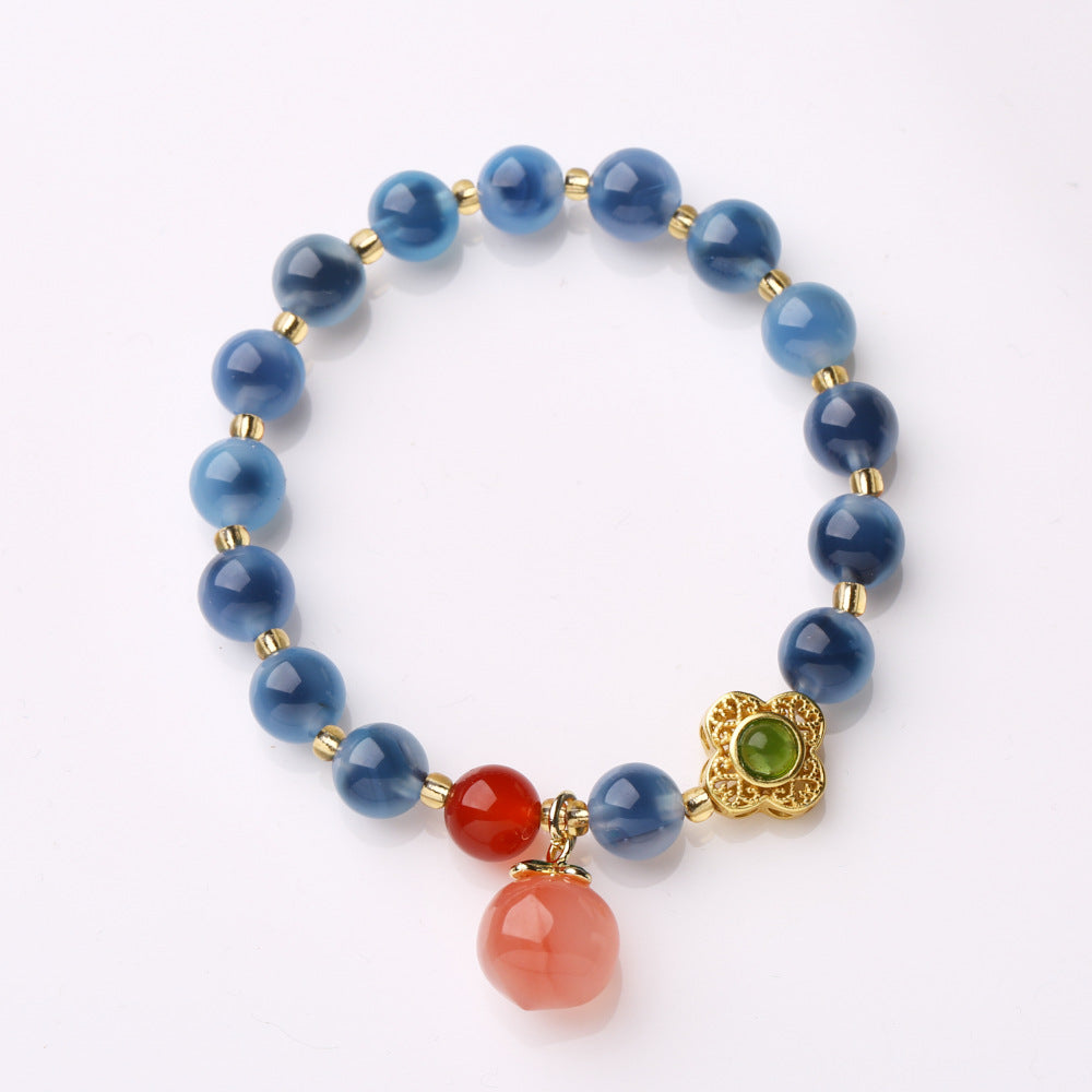 Temple with natural blue sugar heart onyx bracelet female / half sugar four-leaf clover good luck peach retro bracelet