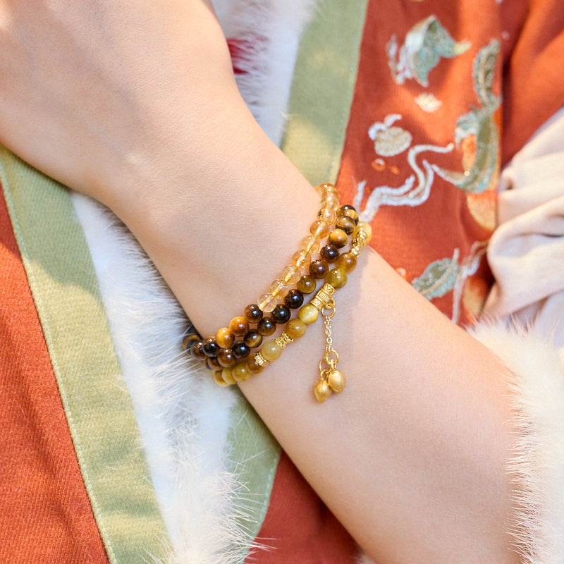 Natural Tiger Eye Stone Hand Skewers/Yellow Crystal Good Luck Double Circle Folded Bracelet/Yellow Ace Crystal Hand Skewers