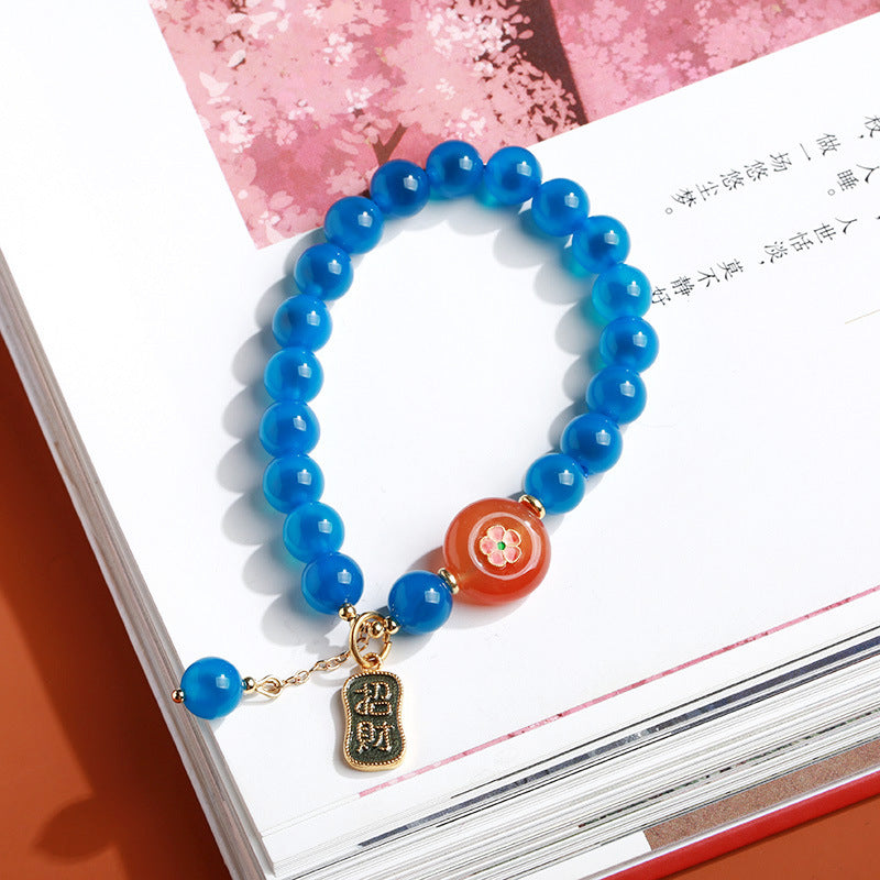 Temple with natural blue sugar heart onyx bracelet female / half sugar four-leaf clover good luck peach retro bracelet