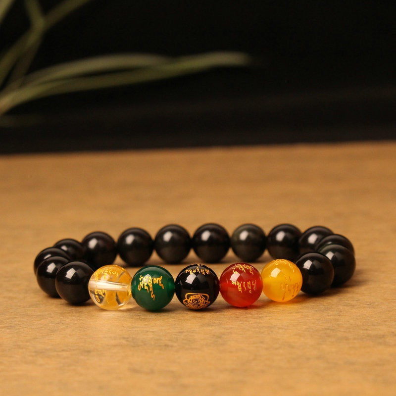 Temple with Chinese Onyx Five Road God of Wealth bracelet / Crystal Onyx Beaded Hand Skewers / Chinese Wind Gift
