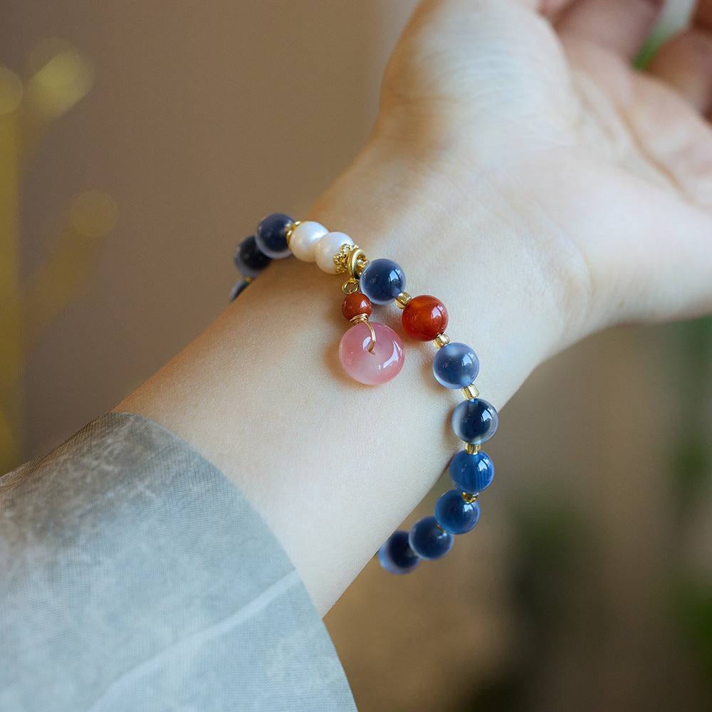 Temple with natural blue sugar heart onyx bracelet female / half sugar four-leaf clover good luck peach retro bracelet