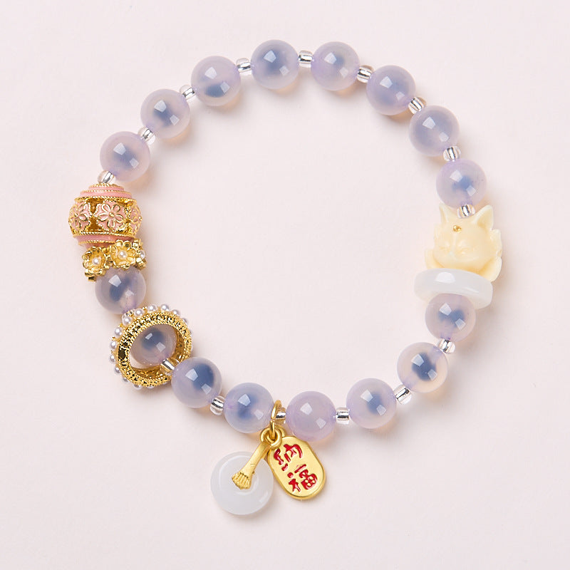 Yongxiang with Beijing ash glazed hand string / powder porcelain nine-tailed fox gold leaf good luck bracelet / girlfriend gift