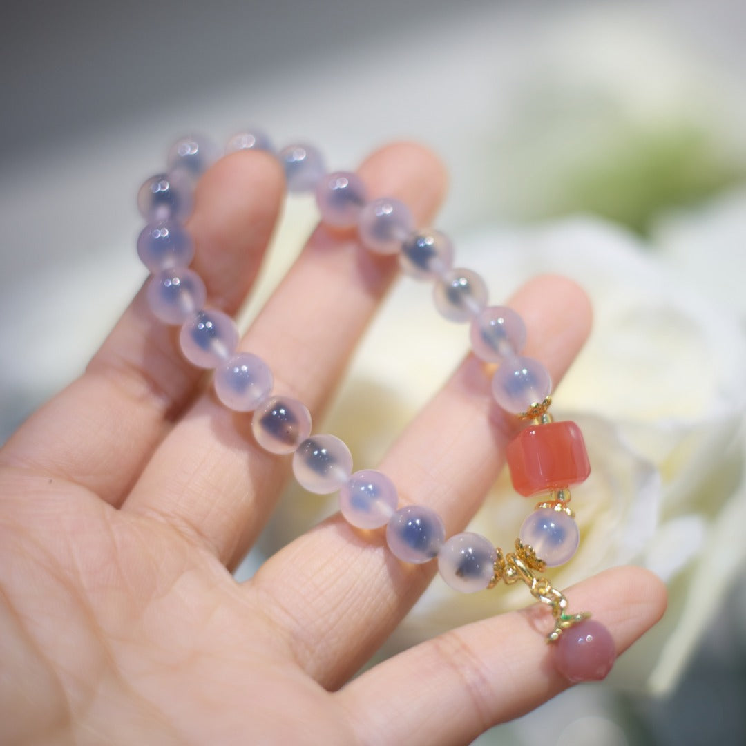 Temple with natural blue sugar heart onyx bracelet female / half sugar four-leaf clover good luck peach retro bracelet