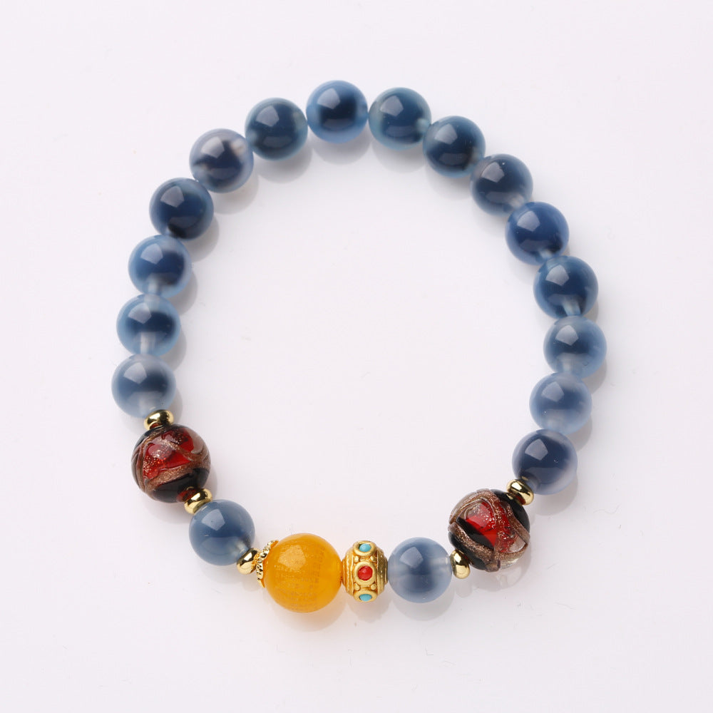Temple with natural blue sugar heart onyx bracelet female / half sugar four-leaf clover good luck peach retro bracelet