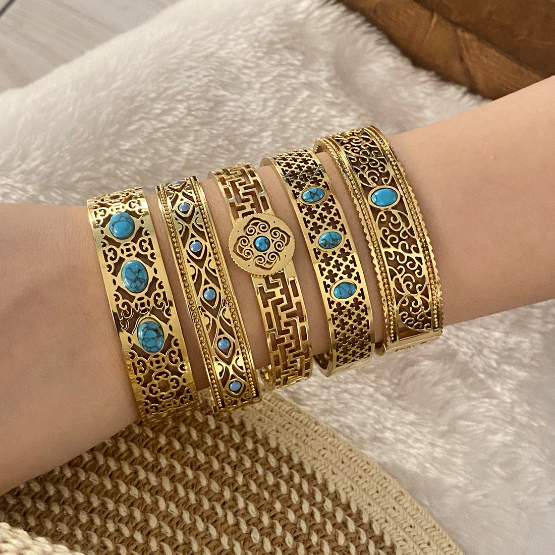 Vintage pine stone hollowed-out stainless steel bracelet