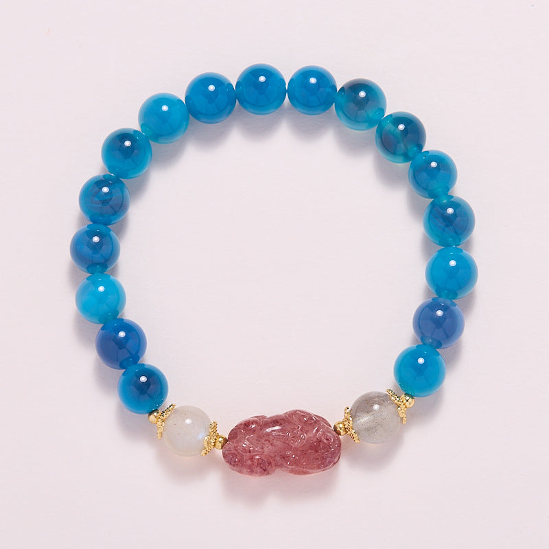 Temple with natural blue sugar heart onyx bracelet female / half sugar four-leaf clover good luck peach retro bracelet