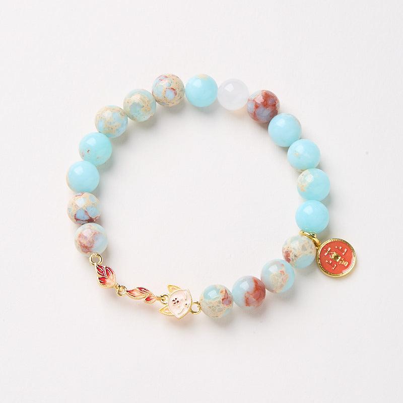 Yongxiang with Beijing ash glazed hand string / powder porcelain nine-tailed fox gold leaf good luck bracelet / girlfriend gift