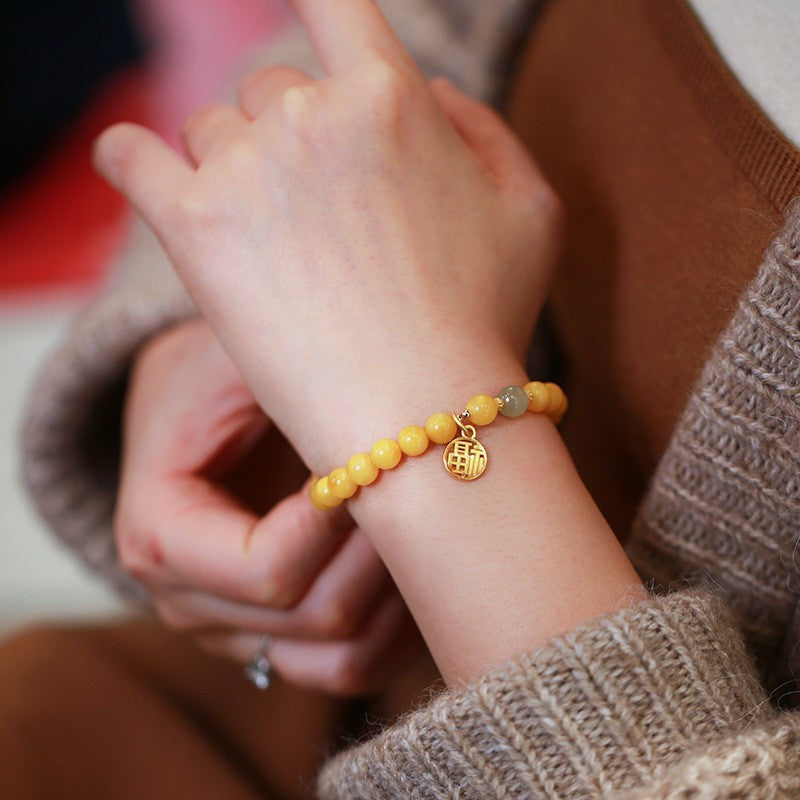 Natural Chicken Oil Yellow Honeywax Buddha Bead Hand Skewers Female / Amber Hotan Jade Single Circle Bracelet / Vintage Chinese Style Design