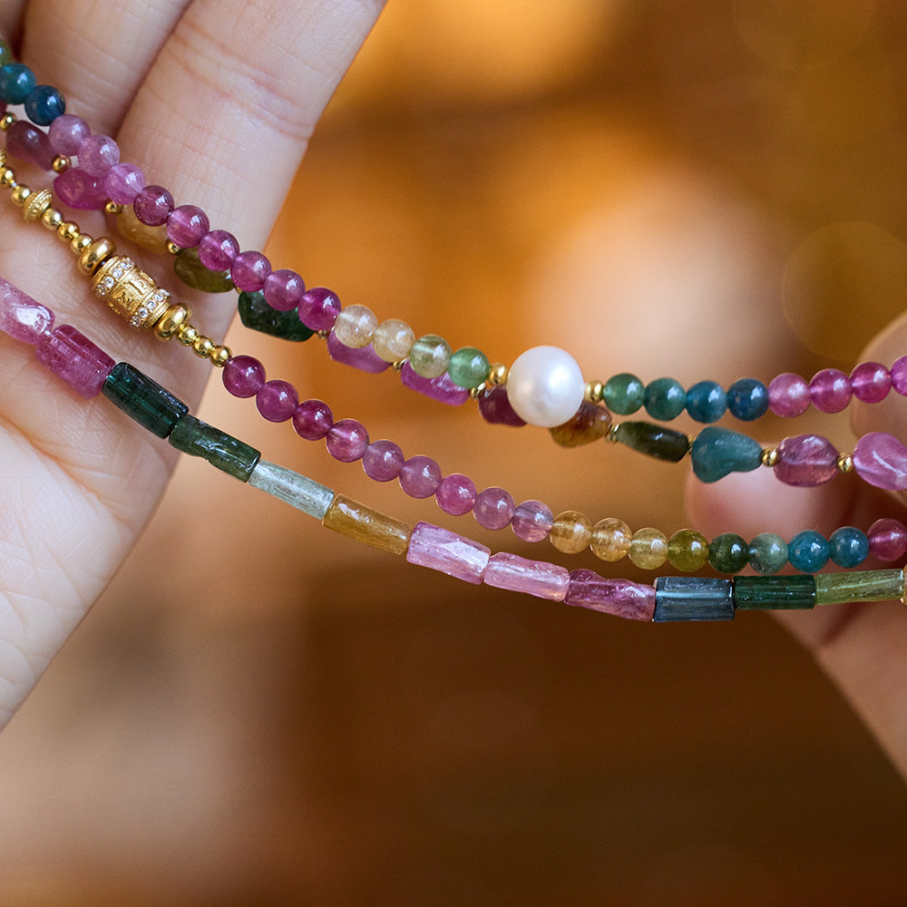 Natural tourmaline bracelet female / six words true word Passepartout rainbow tourmaline bracelet / candy color gemstone bracelet