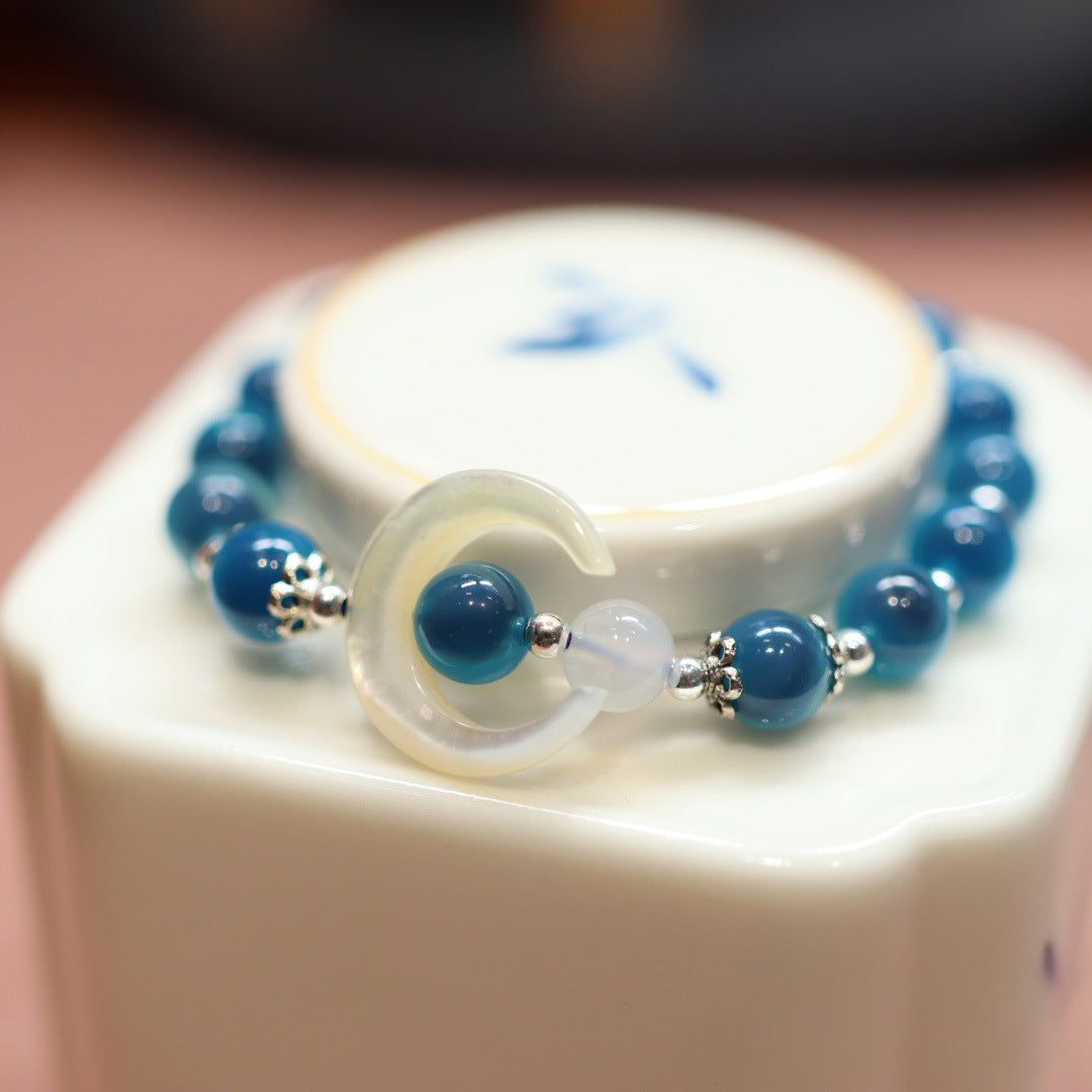 Temple with natural blue sugar heart onyx bracelet female / half sugar four-leaf clover good luck peach retro bracelet