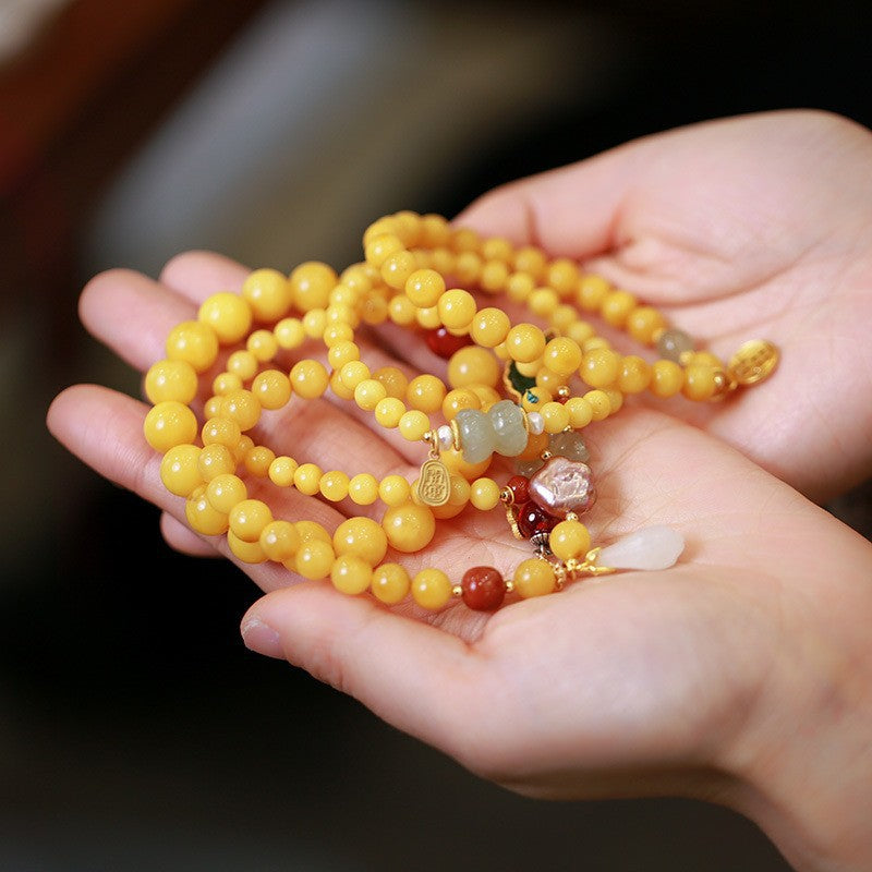 Natural Chicken Oil Yellow Honeywax Buddha Bead Hand Skewers Female / Amber Hotan Jade Single Circle Bracelet / Vintage Chinese Style Design