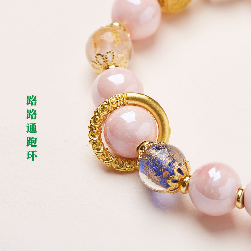 Yongxiang with Beijing ash glazed hand string / powder porcelain nine-tailed fox gold leaf good luck bracelet / girlfriend gift
