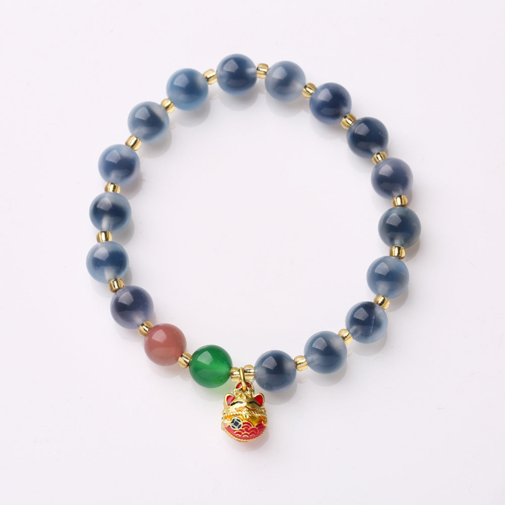 Temple with natural blue sugar heart onyx bracelet female / half sugar four-leaf clover good luck peach retro bracelet