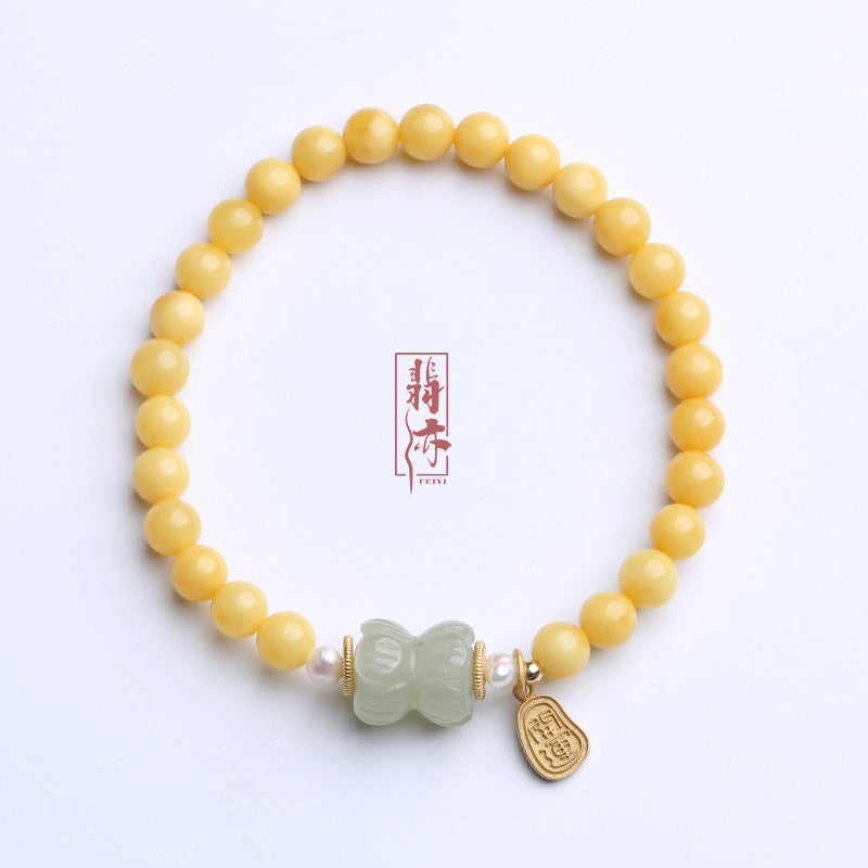 Natural Chicken Oil Yellow Honeywax Buddha Bead Hand Skewers Female / Amber Hotan Jade Single Circle Bracelet / Vintage Chinese Style Design