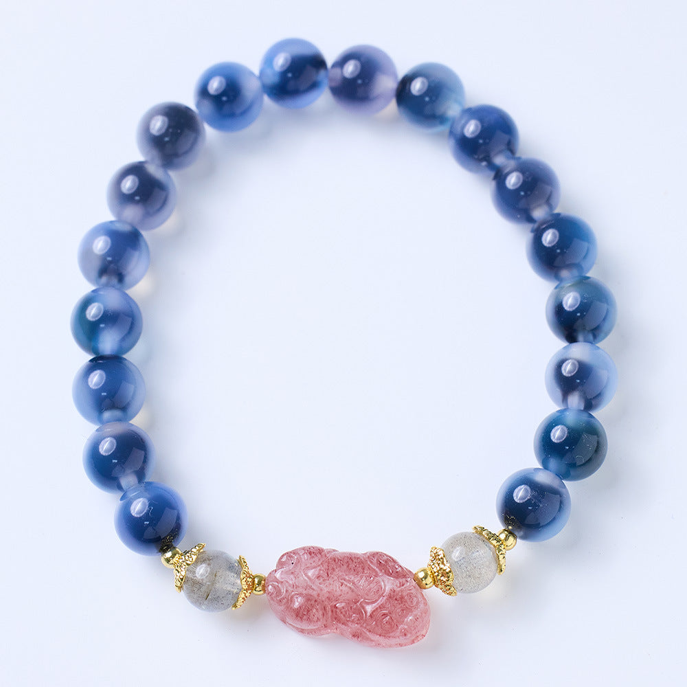 Temple with natural blue sugar heart onyx bracelet female / half sugar four-leaf clover good luck peach retro bracelet