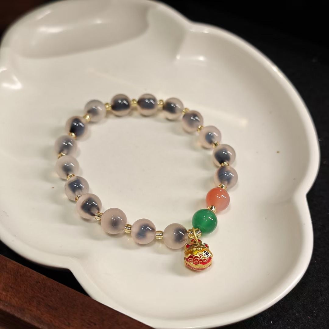 Temple with natural blue sugar heart onyx bracelet female / half sugar four-leaf clover good luck peach retro bracelet