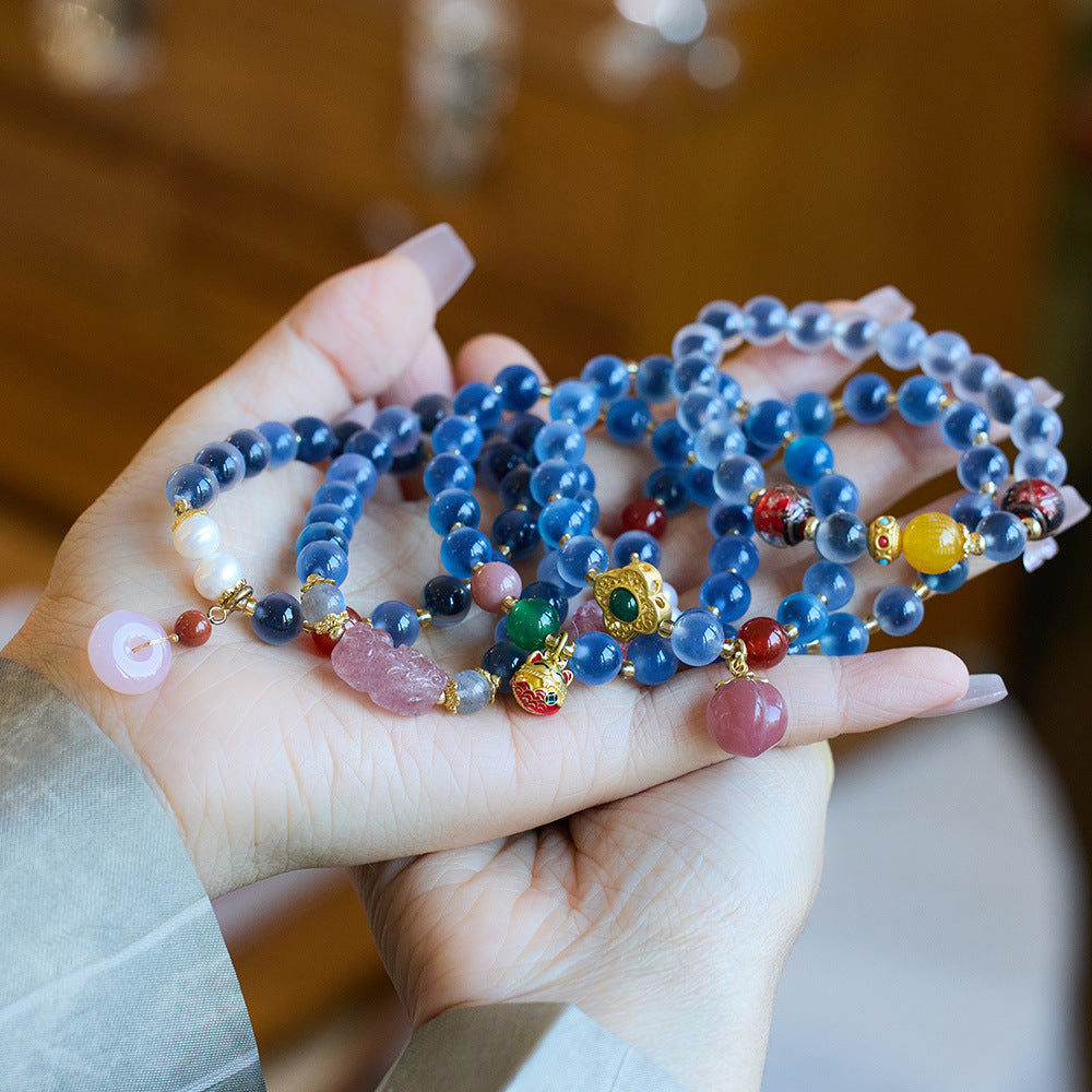 Temple with natural blue sugar heart onyx bracelet female / half sugar four-leaf clover good luck peach retro bracelet