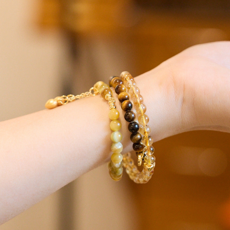Natural Tiger Eye Stone Hand Skewers/Yellow Crystal Good Luck Double Circle Folded Bracelet/Yellow Ace Crystal Hand Skewers