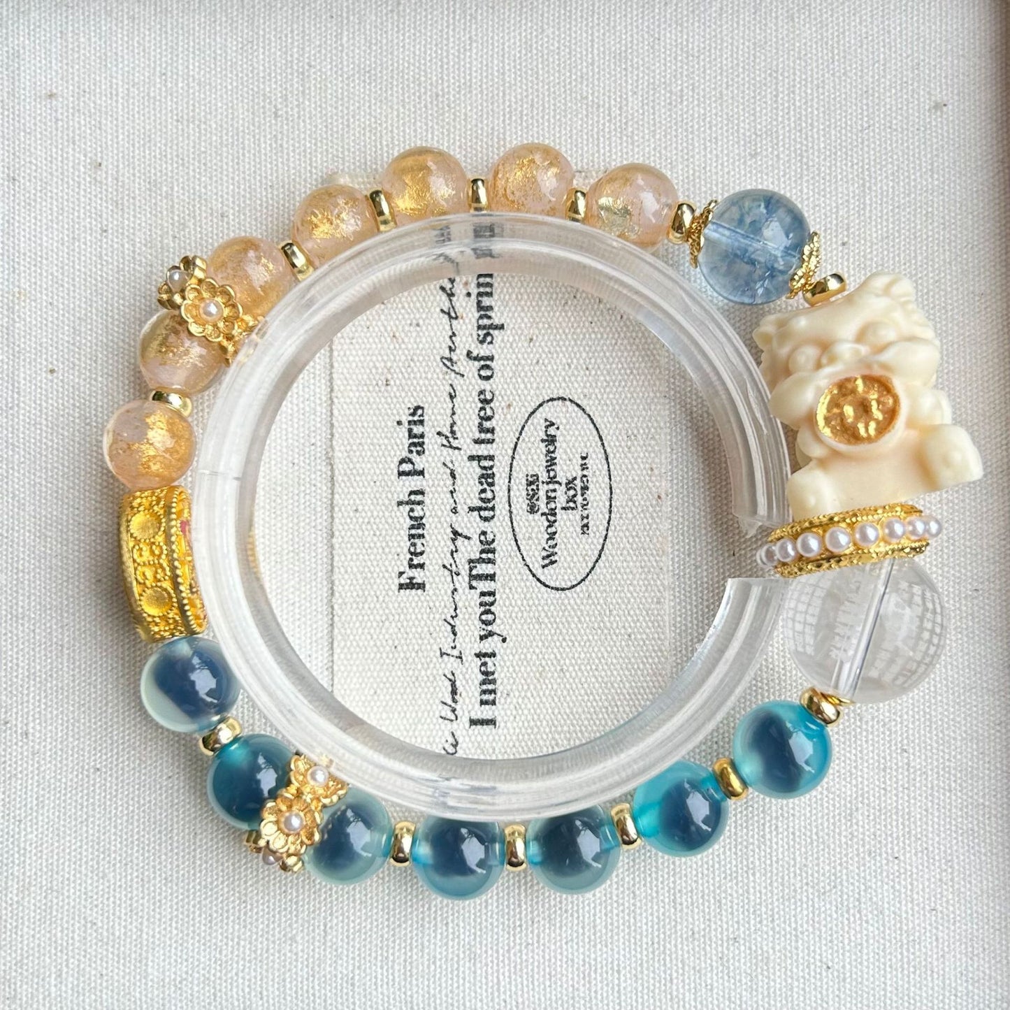 Temple with natural blue sugar heart onyx bracelet female / half sugar four-leaf clover good luck peach retro bracelet