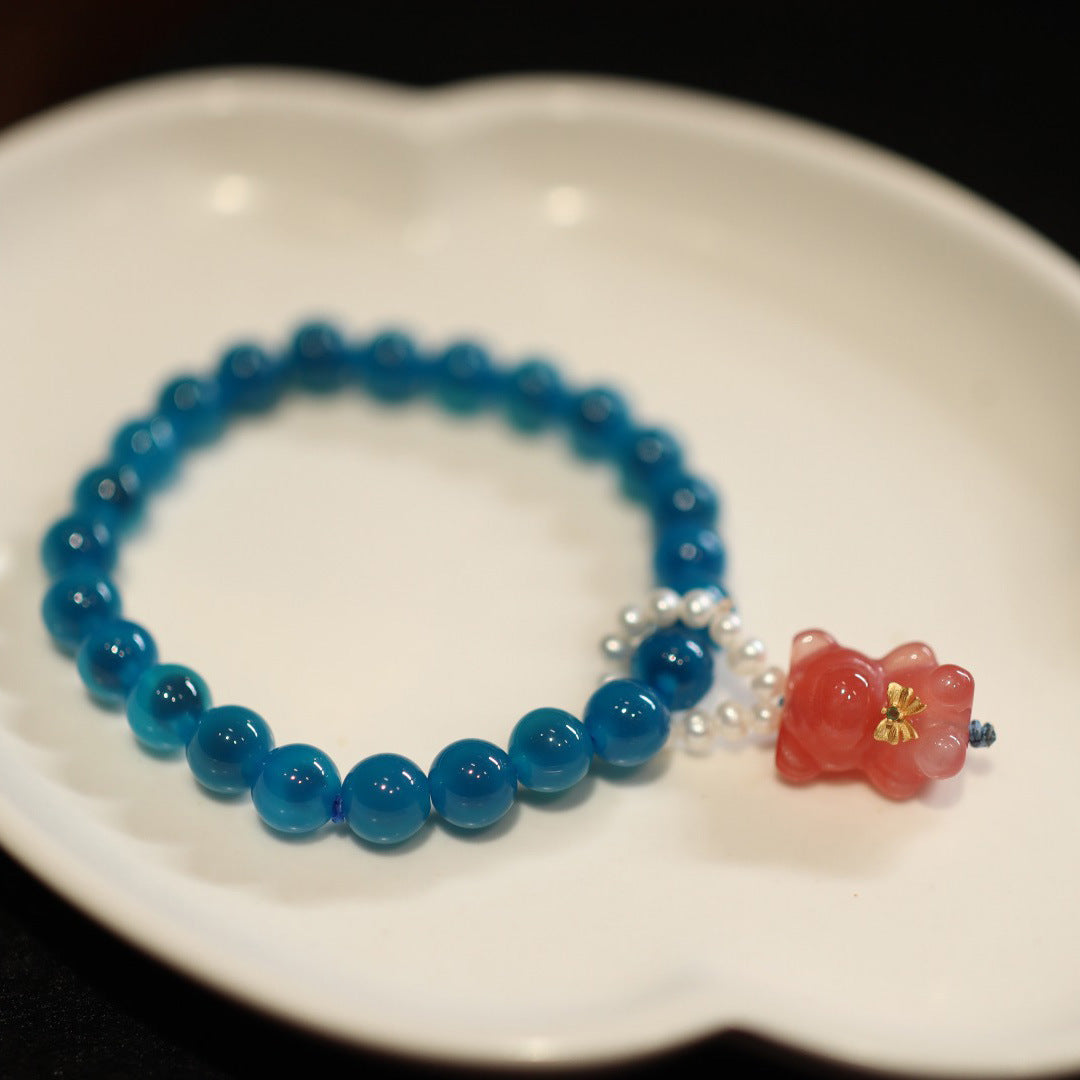 Temple with natural blue sugar heart onyx bracelet female / half sugar four-leaf clover good luck peach retro bracelet