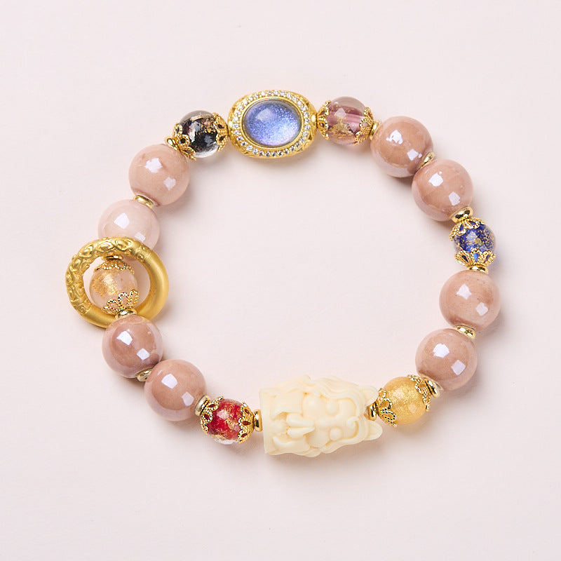Yongxiang with Beijing ash glazed hand string / powder porcelain nine-tailed fox gold leaf good luck bracelet / girlfriend gift