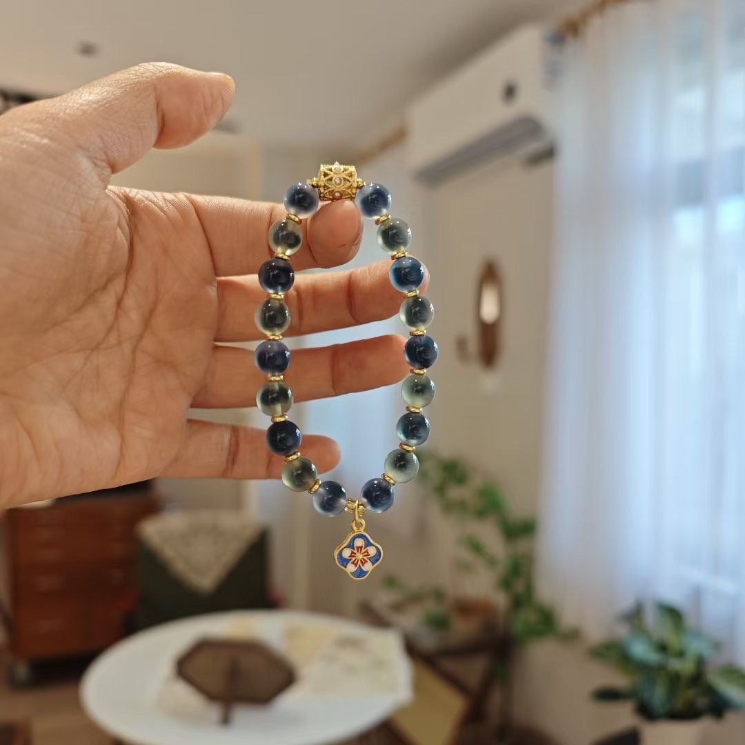 Temple with natural blue sugar heart onyx bracelet female / half sugar four-leaf clover good luck peach retro bracelet