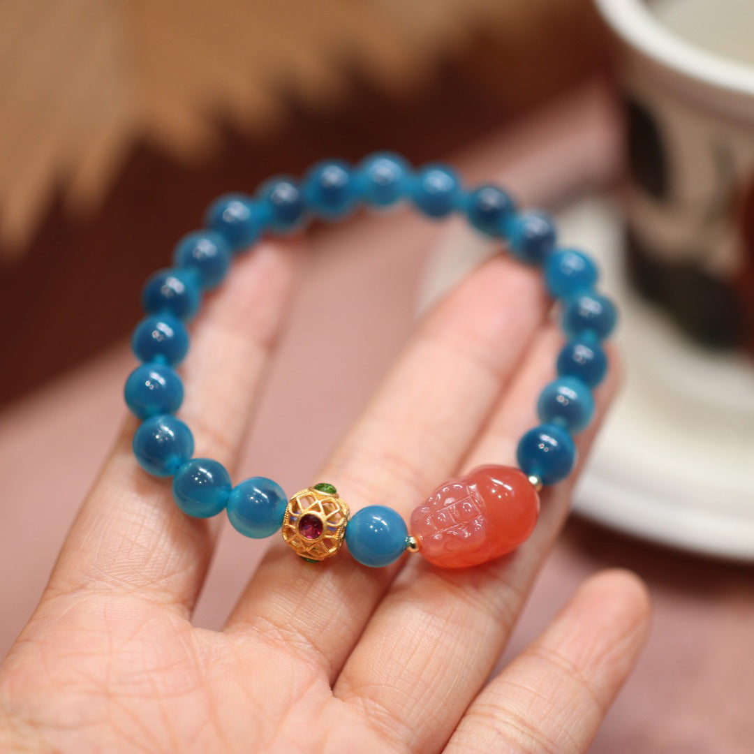 Temple with natural blue sugar heart onyx bracelet female / half sugar four-leaf clover good luck peach retro bracelet