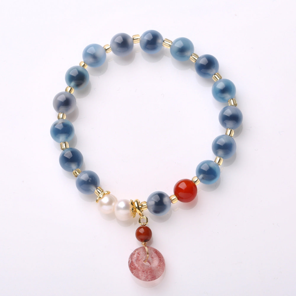 Temple with natural blue sugar heart onyx bracelet female / half sugar four-leaf clover good luck peach retro bracelet