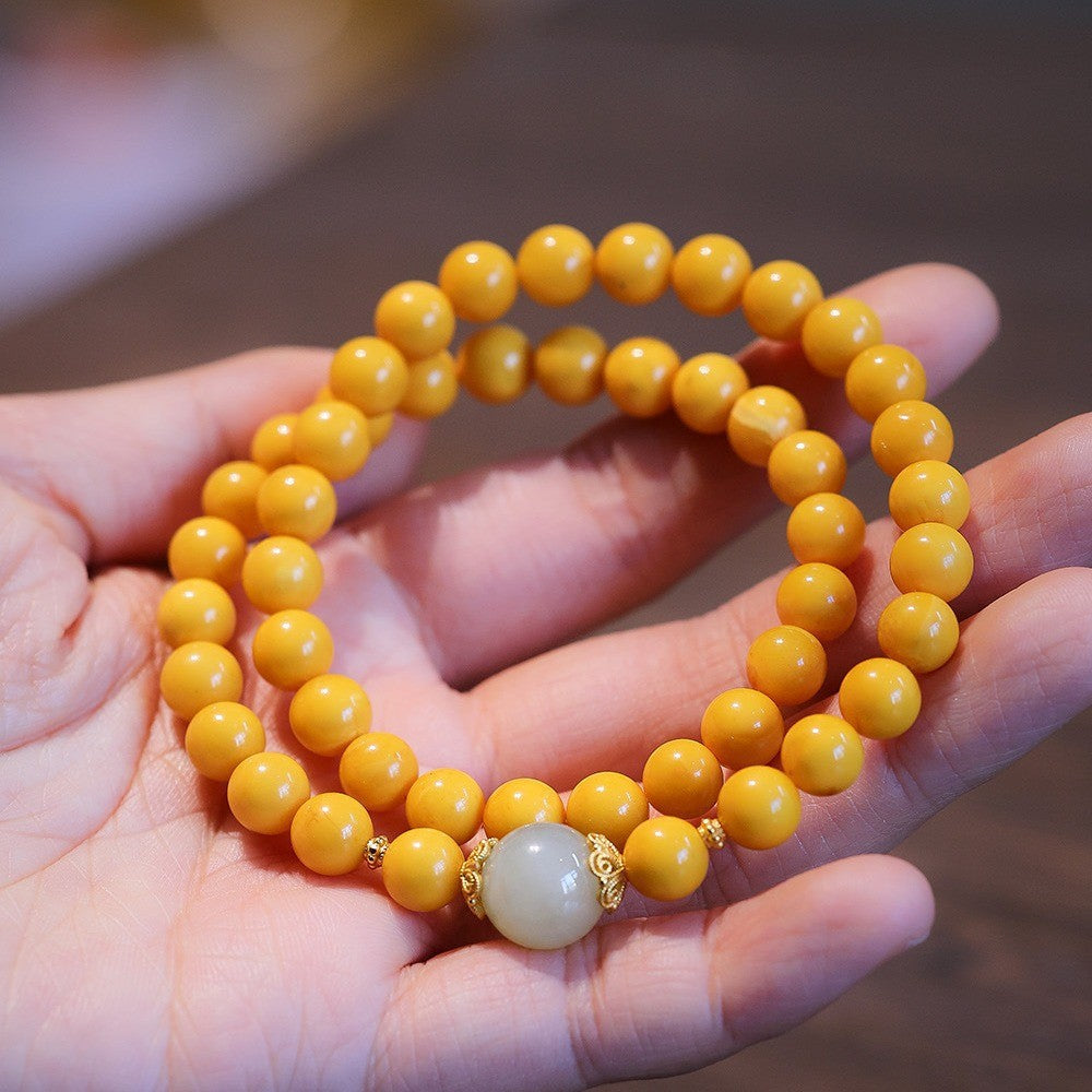 Natural Chicken Oil Yellow Honeywax Buddha Bead Hand Skewers Female / Amber Hotan Jade Single Circle Bracelet / Vintage Chinese Style Design