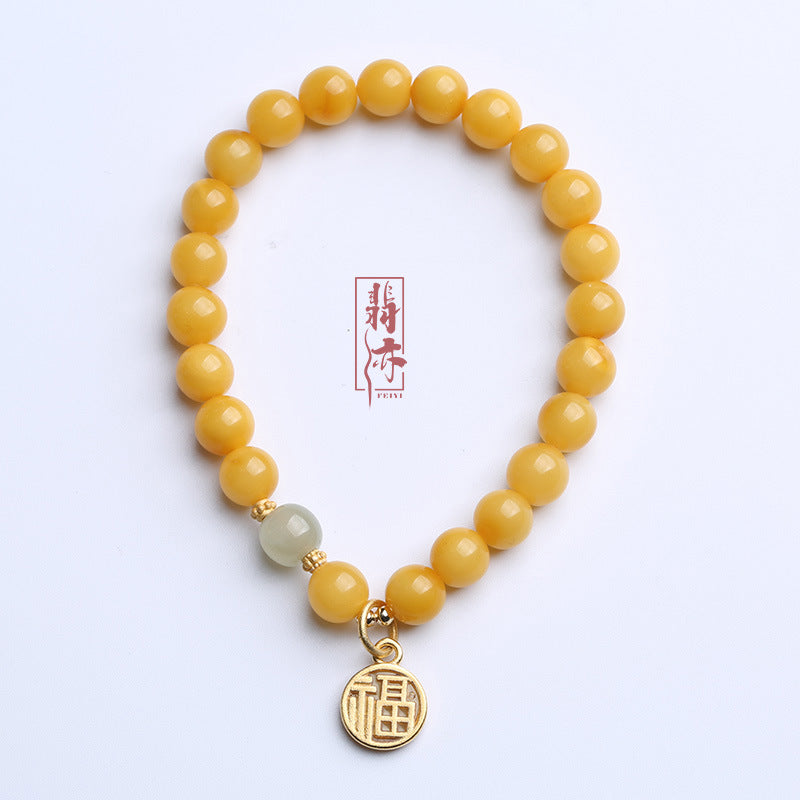 Natural Chicken Oil Yellow Honeywax Buddha Bead Hand Skewers Female / Amber Hotan Jade Single Circle Bracelet / Vintage Chinese Style Design