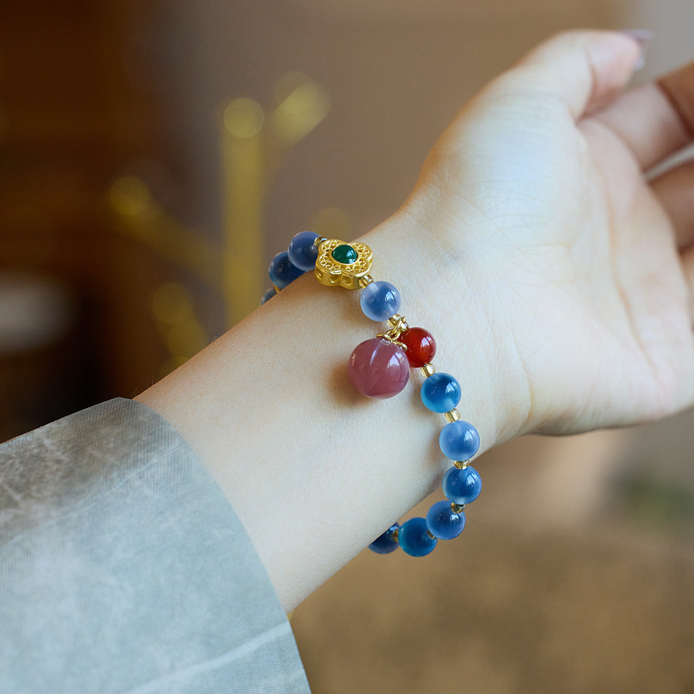 Temple with natural blue sugar heart onyx bracelet female / half sugar four-leaf clover good luck peach retro bracelet