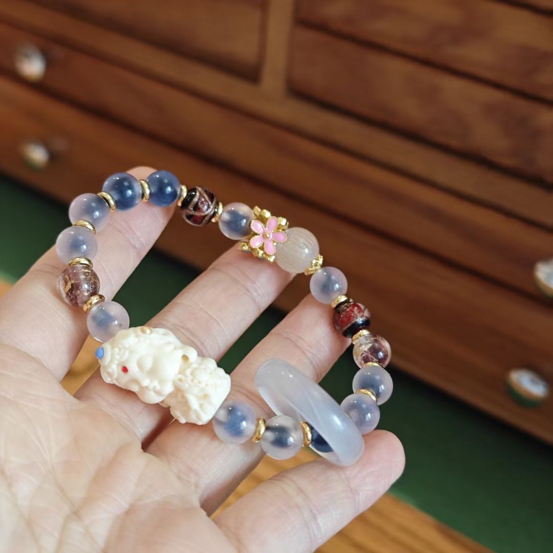 Temple with natural blue sugar heart onyx bracelet female / half sugar four-leaf clover good luck peach retro bracelet