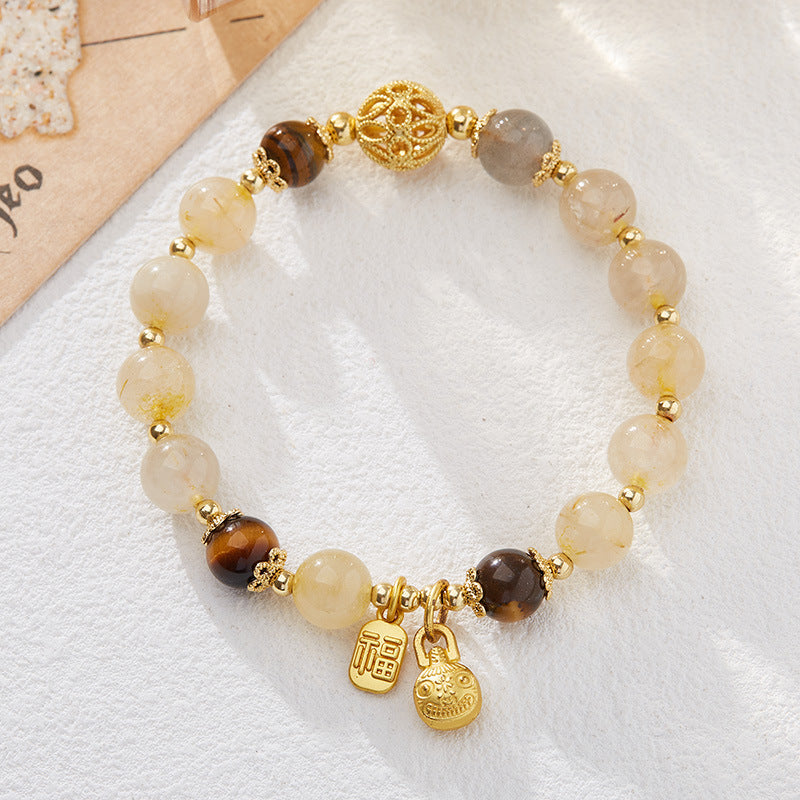 Natural Golden Rutilated Quartz Bracelet for Women, Yellow Rutilated Quartz Moonstone Gold-Devouring Beast Bracelet, Wealth Stone Gift for Girlfriend