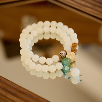 Natural White Jade Bodhi Bracelet Wealth Flower Green Aventurine Bodhi Double Circle Cultural Play Bracelet Buddhist Prayer Beads Bracelet