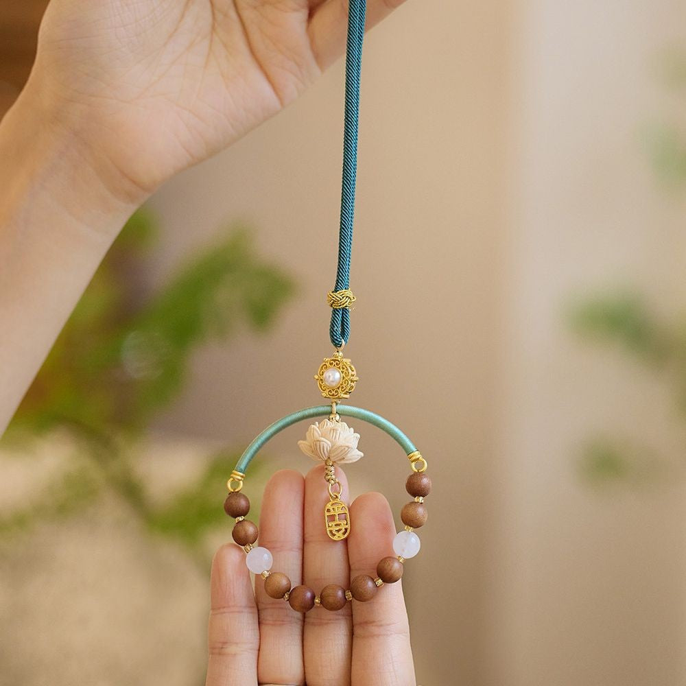 Temple Style Sandalwood Car Hanging Chinese Style Car Pendant Rearview Mirror Decoration for Men and Women Peaceful Car Hanging Decoration