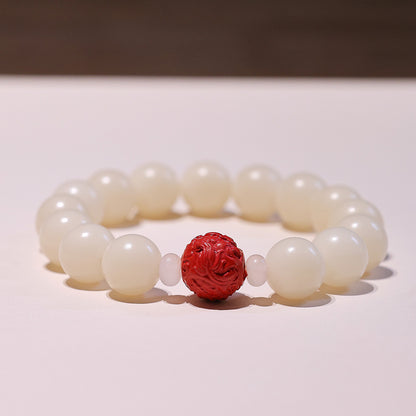 Natural12MM White Jade Bodhi Bracelet Cinnabar Red Sand Bracelet Pliable Temperament Bracelet Men and Women Single Circle Prayer Beads Beads