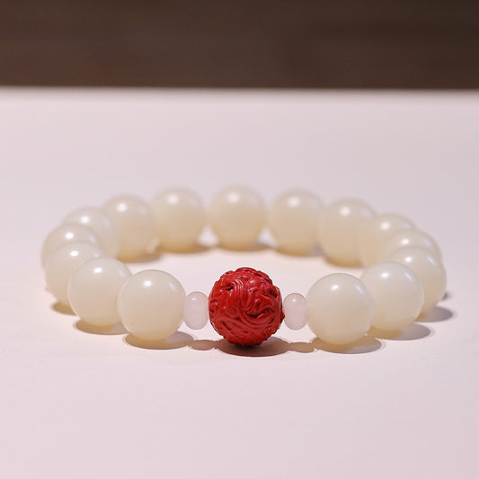 Natural12MM White Jade Bodhi Bracelet Cinnabar Red Sand Bracelet Pliable Temperament Bracelet Men and Women Single Circle Prayer Beads Beads