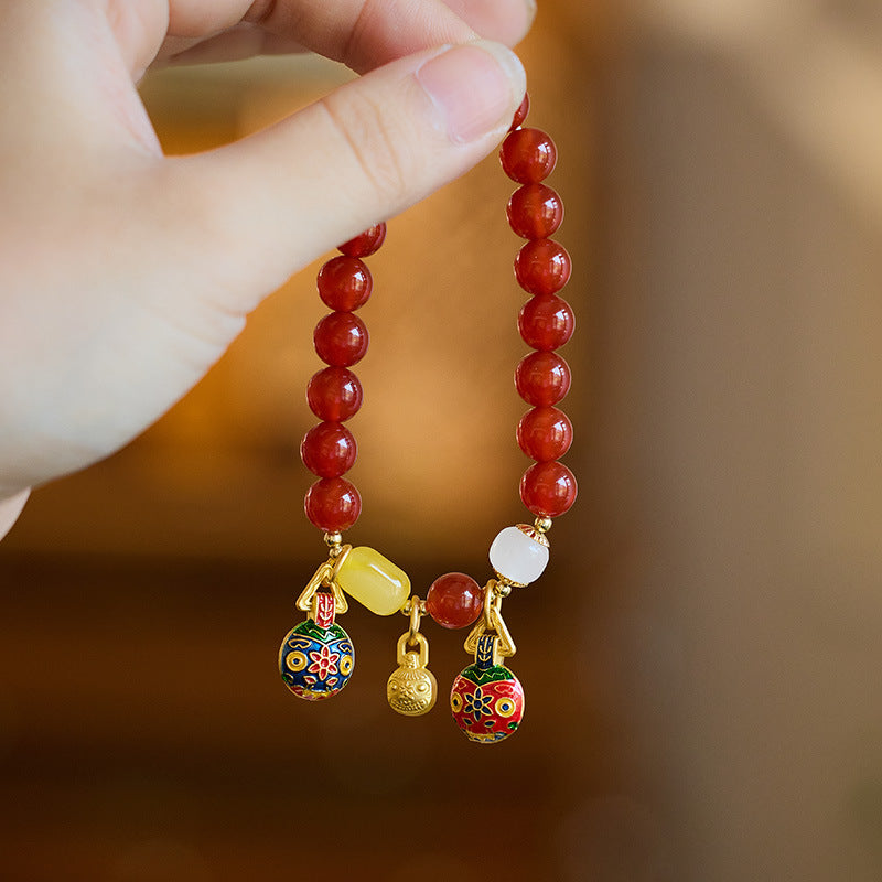 New Chinese Style Natural Red Agate Gold-Plated Beast Bracelet for Women, Zodiac Year Retro Style Beaded Jewelry Gift