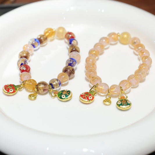 Temple Style Incense Ash Porcelain Gold Foil Glass Bracelet Swallowing Gold Beast Family of Three Ten Perfect Incense Ash Glass Bracelet