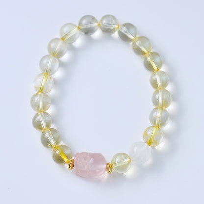 Natural Yellow Crystal Pixiu Bracelet for Women, Wealth Rolling Pink Crystal Pixiu Beaded Bracelet, Qixi Festival Gift for Girlfriend