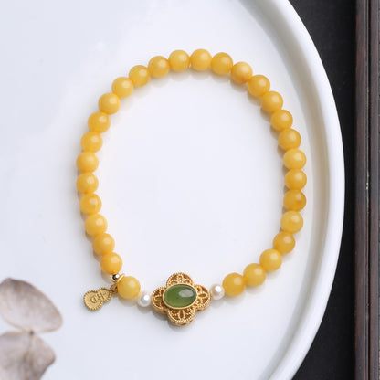 Natürliches gelbes Hühnerfett-Bienenwachs-Perlenarmband, weibliches Bernstein-Hetian-Jade-Einzelring-Armband, Retro-Chinoiserie