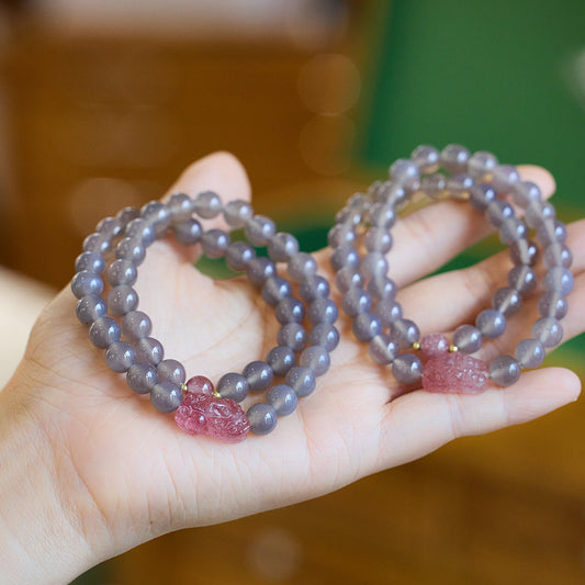 Smoke Purple Autumn Moon Natural Smoke Purple Agate Bracelet for Women Strawberry Crystal Pixiu Flower Double Circle Bracelet