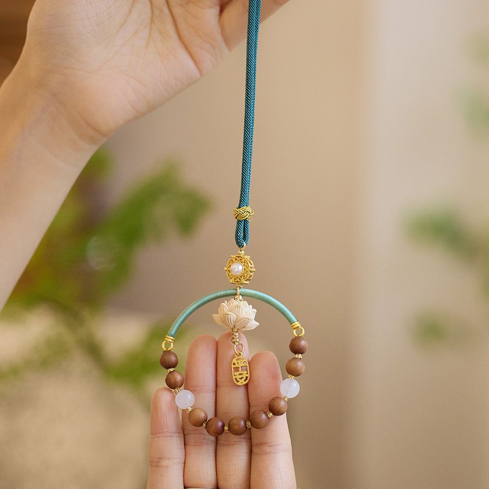 Temple Style Sandalwood Car Hanging Chinese Style Car Pendant Rearview Mirror Decoration for Men and Women Peaceful Car Hanging Decoration