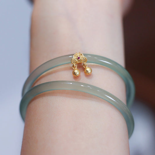 Sky Blue Dingdang Bracelet Hollow Ruyi Bell Style for Women Chalcedony Agate Bracelet Artistic Retro Jade Bracelet Chinese Style