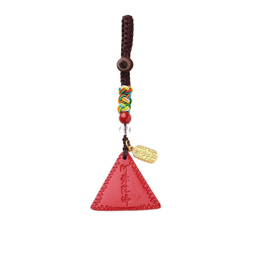 Temple Style Natural Cinnabar Keychain Triangle Red Card New Year Cinnabar Pendant Buddhist Youth Pendant