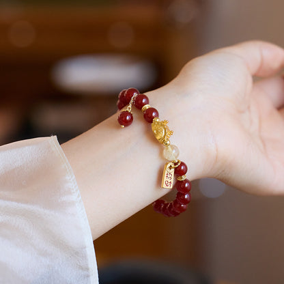 Natural8MM Red Agate Bracelet S925Silver and Gold Cloud Pattern Hetian Jade Fortune Bracelet for Women, Chinese Style Qixi Gift