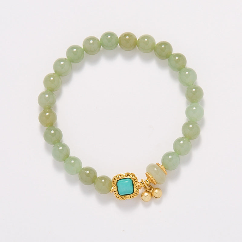 Natural8MM Hetian Jade Bracelet for Women S925Silver Bell Green Turquoise Square Jade Bracelet Gift for Best Friend