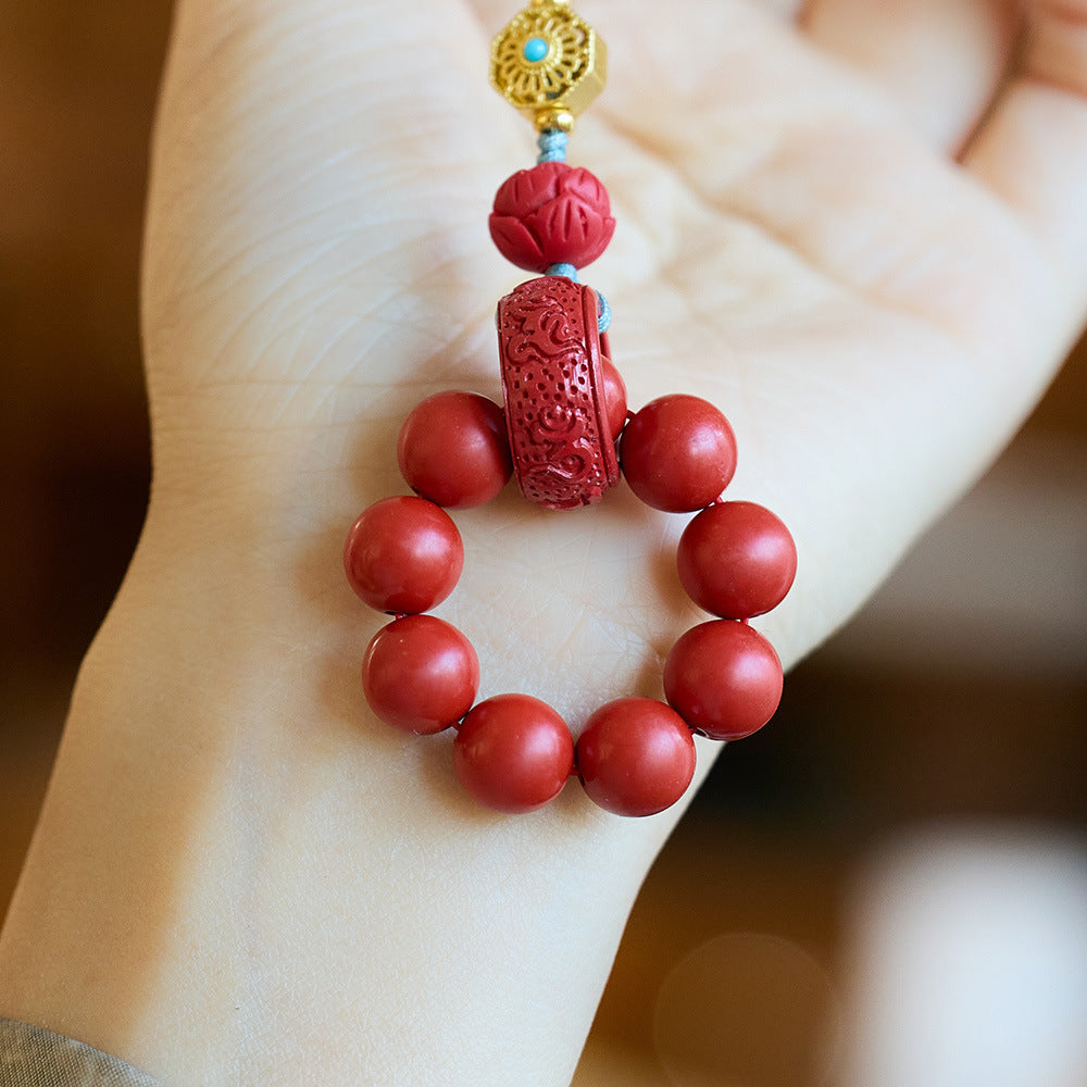 Natural Cinnabar Mobile Phone Charm Buddha Beads Red Sand Hand Toy Mobile Phone Lanyard Keychain Animal Year Pendant Gift